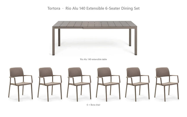 Nardi Rio Alu 140 Extensible 6-Seater Dining Set - Rio Alu 140 Table + 6 Bora Chairs - hospitality