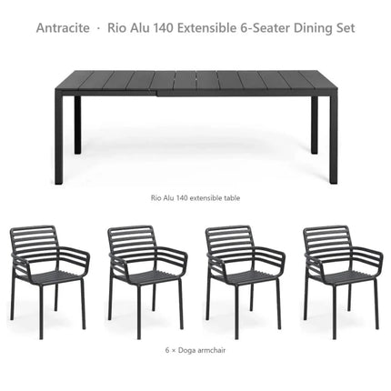 Nardi Rio Alu 140 Extensible 6-Seater Dining Set - Rio Alu 140 Table + 6 Doga Armchairs - hospitality