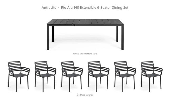 Nardi Rio Alu 140 Extensible 6-Seater Dining Set - Rio Alu 140 Table + 6 Doga Armchairs - hospitality