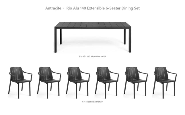 Nardi Rio Alu 140 Extensible 6-Seater Dining Set - Rio Alu 140 Table + 6 Tiberina Armchairs - hospitality