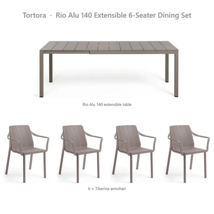 Nardi Rio Alu 140 Extensible 6-Seater Dining Set - Rio Alu 140 Table + 6 Tiberina Armchairs - hospitality