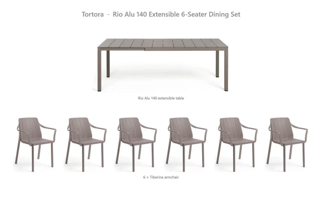 Nardi Rio Alu 140 Extensible 6-Seater Dining Set - Rio Alu 140 Table + 6 Tiberina Armchairs - hospitality