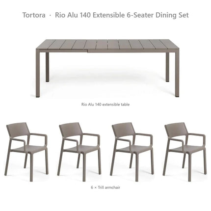 Nardi Rio Alu 140 Extensible 6-Seater Dining Set - Rio Alu 140 Table + 6 Trill Armchairs - hospitality