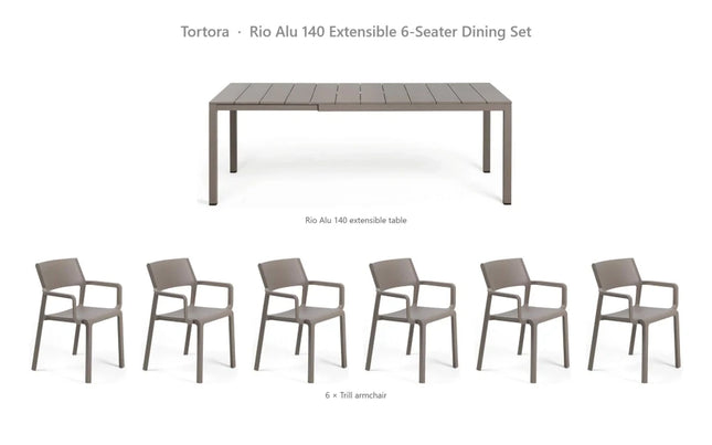 Nardi Rio Alu 140 Extensible 6-Seater Dining Set - Rio Alu 140 Table + 6 Trill Armchairs - hospitality