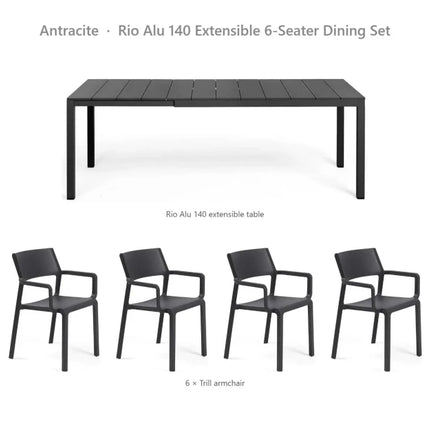 Nardi Rio Alu 140 Extensible 6-Seater Dining Set - Rio Alu 140 Table + 6 Trill Armchairs - hospitality
