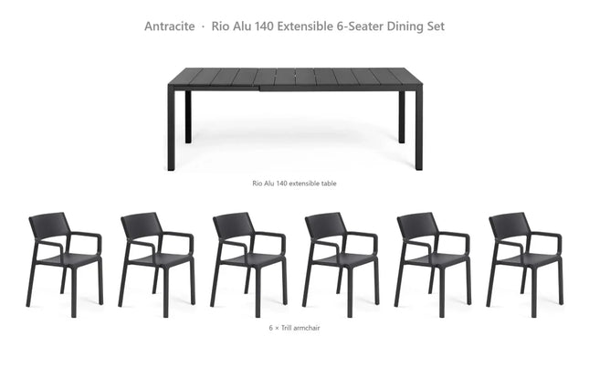 Nardi Rio Alu 140 Extensible 6-Seater Dining Set - Rio Alu 140 Table + 6 Trill Armchairs - hospitality