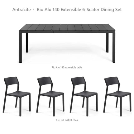 Nardi Rio Alu 140 Extensible 6-Seater Dining Set - Rio Alu 140 Table + 6 Trill Bistrot Chairs - hospitality