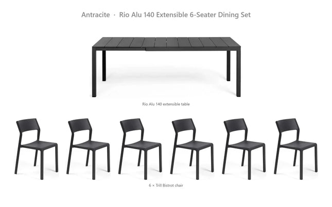 Nardi Rio Alu 140 Extensible 6-Seater Dining Set - Rio Alu 140 Table + 6 Trill Bistrot Chairs - hospitality