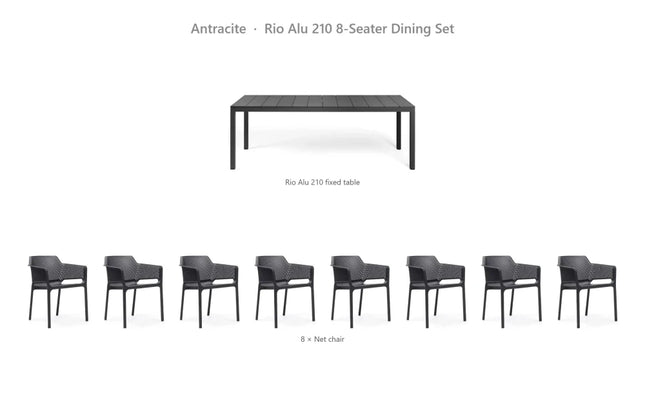 Nardi Rio Alu 210 8-Seater Dining Set - Rio Alu 210 Fixed Table + 8 Net Chairs - hospitality