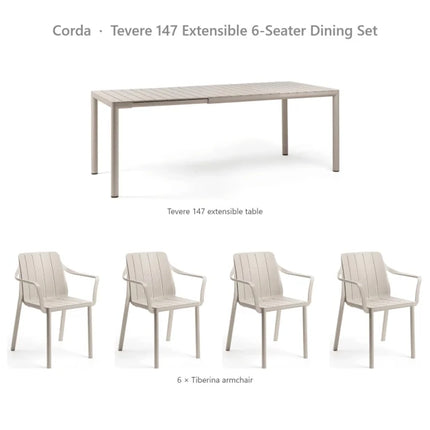 Nardi Tevere 147 Extensible 6-Seater Dining Set - Tevere 147 Table + 6 Tiberina Armchairs - hospitality