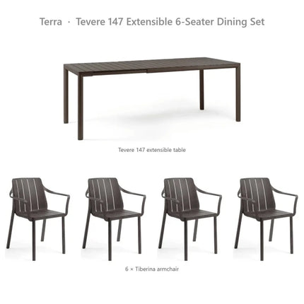 Nardi Tevere 147 Extensible 6-Seater Dining Set - Tevere 147 Table + 6 Tiberina Armchairs - hospitality