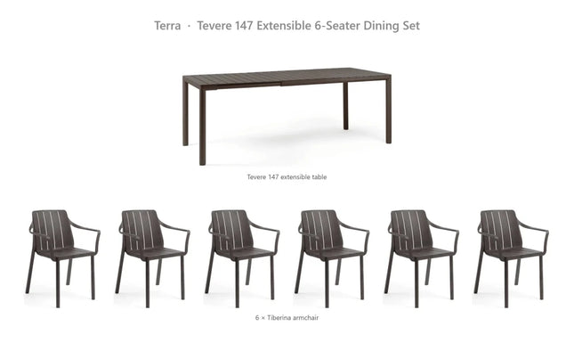 Nardi Tevere 147 Extensible 6-Seater Dining Set - Tevere 147 Table + 6 Tiberina Armchairs - hospitality