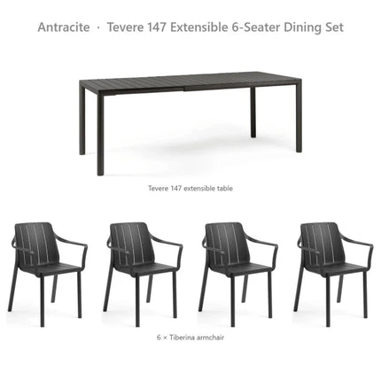 Nardi Tevere 147 Extensible 6-Seater Dining Set - Tevere 147 Table + 6 Tiberina Armchairs - hospitality