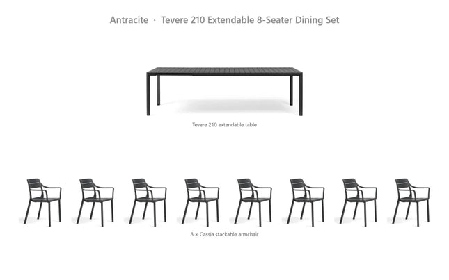 Nardi Tevere 210 Extendable 8-Seater Dining Set - Tevere 210 Table + 8 Cassia Armchairs - hospitality