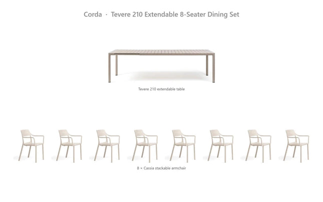 Nardi Tevere 210 Extendable 8-Seater Dining Set - Tevere 210 Table + 8 Cassia Armchairs - hospitality