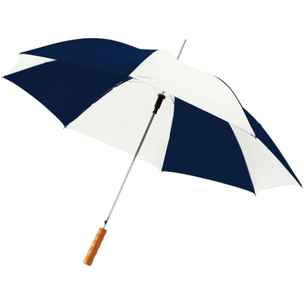 Set of 25 navy rain umbrellas with wooden handles from Custom Wood Designs, compact and durable for rainy weather.