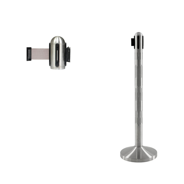 Securit® Nova LED Wall-to-Post Queue Set – RGB LED Post + Wall-Mounted Grey Belt – set contents