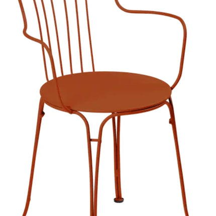 Latte-beige Fermob OPÉRA+ outdoor metal armchair with sleek design and armrests