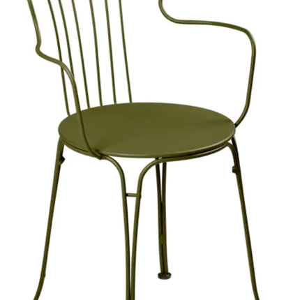 Cotton white Fermob OPÉRA+ outdoor metal armchair with curved armrests and slatted backrest