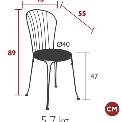 Deep blue Fermob OPÉRA+ metal outdoor chair with curved armrests and slatted seat