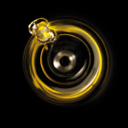 XD Design Orbit oil and vinegar set with clear glass bottles and stainless steel pour spouts on a wooden surface.