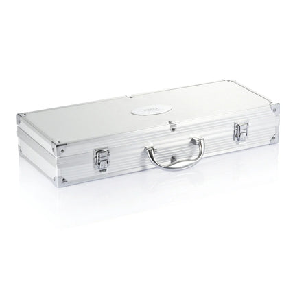 12-piece outdoor barbecue set from XD Collection with utensils and tools in a sleek aluminum box for grilling.