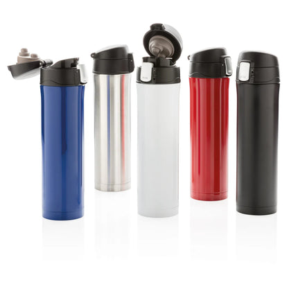  a sleek drinkware bottle with a secure lid for hot and cold beverages.