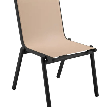 Cotton white Fermob Pilotis V Batyline outdoor chair with a modern design and curved armrests for outdoor seating.