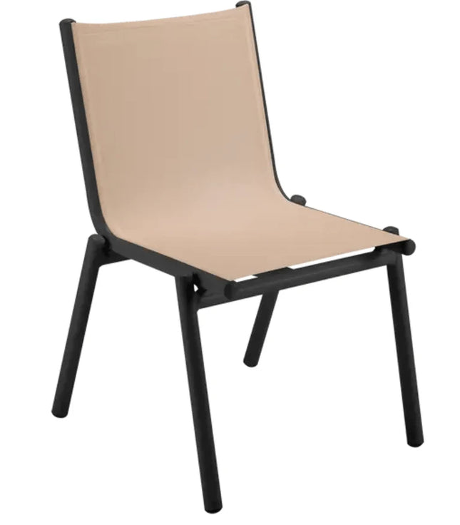 Cotton white Fermob Pilotis V Batyline outdoor chair with a modern design and curved armrests for outdoor seating.