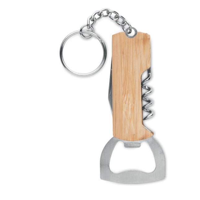 Pack of 100 Custom Wood Designs 3-in-1 pocket tool keyrings with integrated tools, compact and branded for everyday carry.