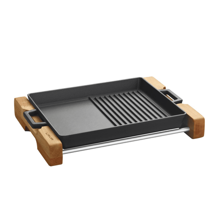 Griddle/Grill Duo Pan, integral metal handles and wooden service stand. dim. 26x32cm., 2290ml