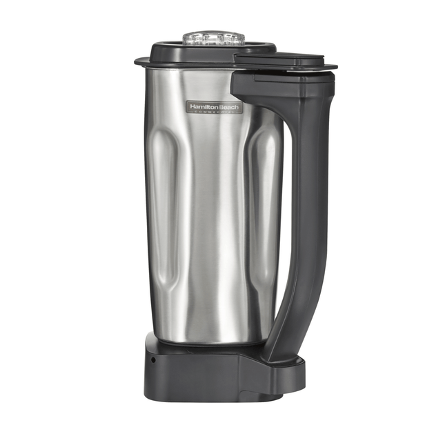 Hamilton Beach Commercial 0.95L stainless steel blender jug for Rio blender, showcasing a sleek, durable container with a handle and lid.
