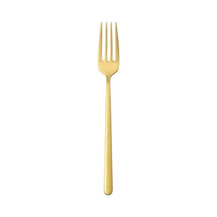 Amarone Gold dessert fork by OVE, 184mm, with polished gold finish, featuring elegant design and four tines for desserts.