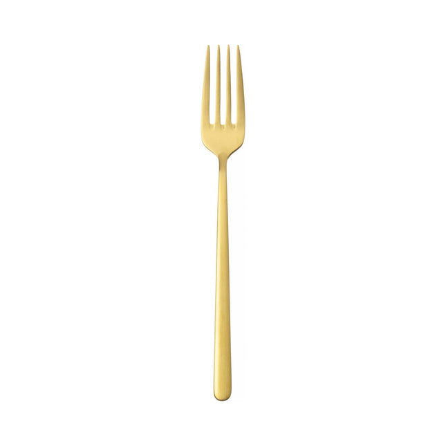 Amarone Gold dessert fork by OVE, 184mm, with polished gold finish, featuring elegant design and four tines for desserts.