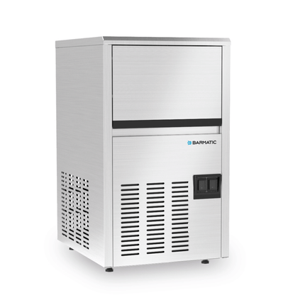 Barmatic air-cooled ice cube maker with 21kg/24h capacity and 4kg ice storage container, shown with ice cubes in the image.