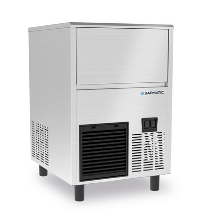 Barmatic air-cooled ice cube maker producing 33kg of ice daily with a 16kg storage container, compact and efficient design