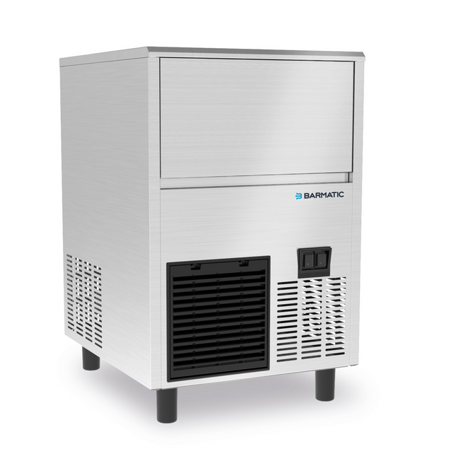 Barmatic air-cooled ice cube maker producing 33kg of ice daily with a 16kg storage container, compact and efficient design