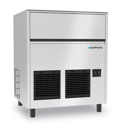 Barmatic air-cooled ice cube maker producing 85kg of ice daily with a 40kg container, shown in the product image.
