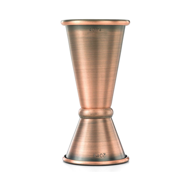BarFly Japanese style antique copper bar measure jigger, 20 ml and 40 ml, with a sleek, vintage design for precise cocktail mixing.