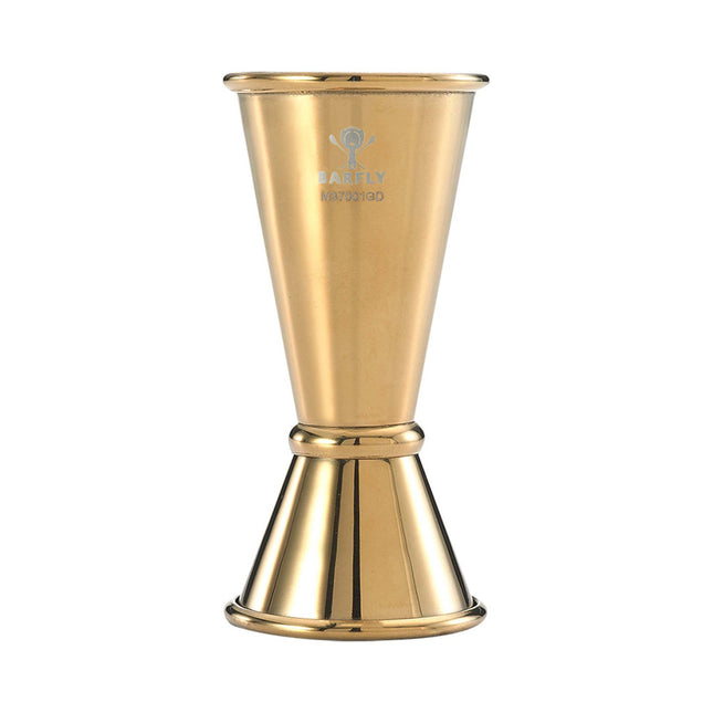 Gold-plated Japanese style BarFly 20 ml x 40 ml bar measure jigger, featuring precise measurement for cocktail mixing.