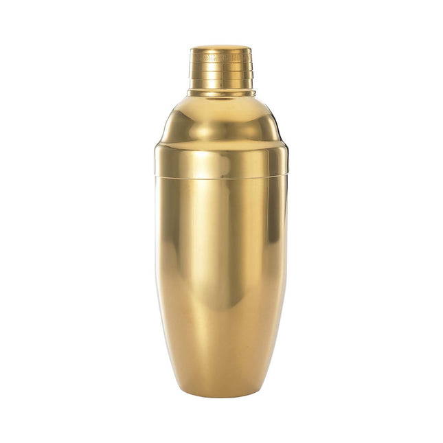 Gold plated 3-piece Japanese cocktail shaker set by BarFly, featuring a sleek, professional shaker with a modern design.