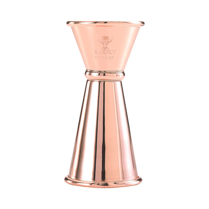 BarFly Japanese style copper-plated bar measure jigger, 20 ml and 40 ml capacity for precise cocktail measurements.