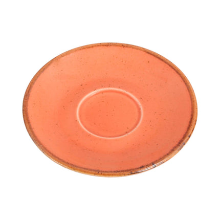Porland amber ceramic saucer, 160mm diameter, with smooth glazed surface and rounded edges, designed for tea or coffee cups.