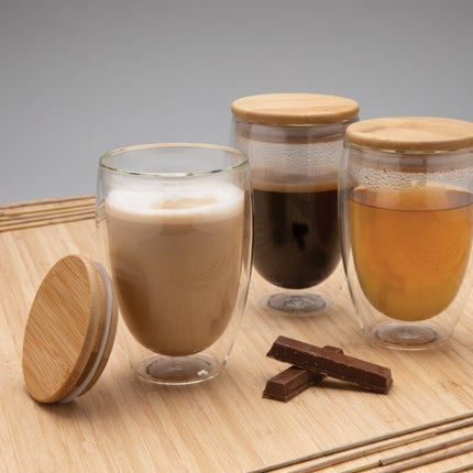 PureSip Double Wall Drinking Glass 350ml Pack of 25 With Bamboo Lid - Insulated Glass Keeps Drinks Hot Hands Cool - hospitality