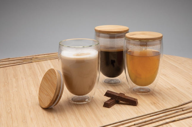 PureSip Double Wall Drinking Glass 350ml Pack of 25 With Bamboo Lid - Insulated Glass Keeps Drinks Hot Hands Cool - hospitality