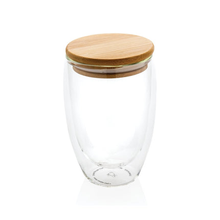 PureSip Double Wall Drinking Glass 350ml Pack of 25 With Bamboo Lid - Insulated Glass Keeps Drinks Hot Hands Cool - hospitality
