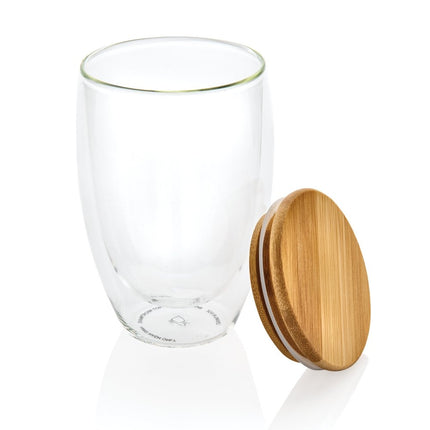 PureSip Double Wall Drinking Glass 350ml Pack of 25 With Bamboo Lid - Insulated Glass Keeps Drinks Hot Hands Cool - hospitality
