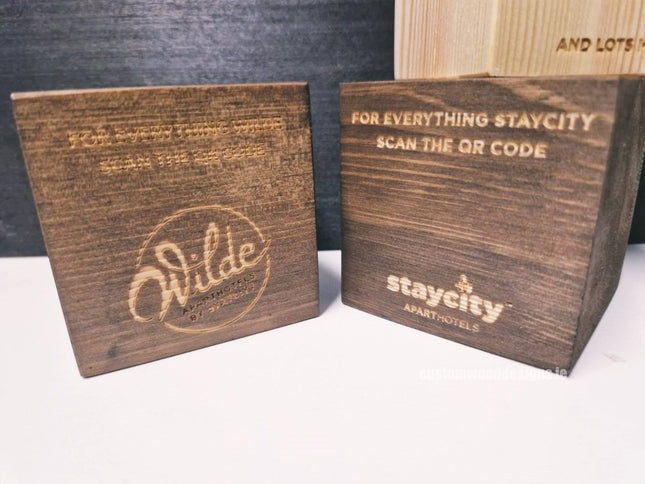 QR Code Block 3 sides Stained & Branded 10-1000 - hospitality