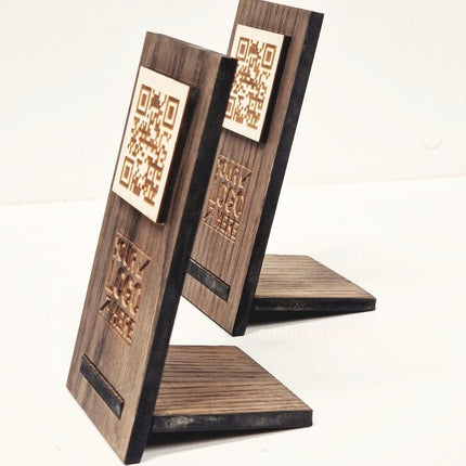 QR Display Stand - Laser Cut Dark Oak 10-1000 - hospitality