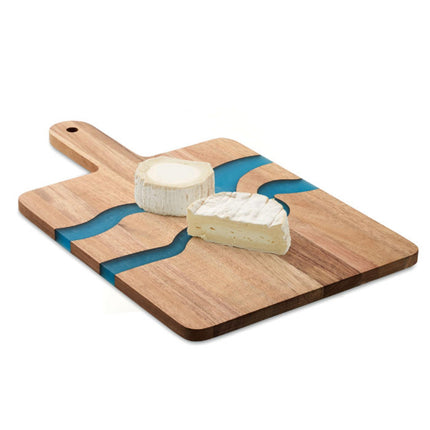 Set of 25 acacia wood service boards with resin detail, epoxy finish, and handles by Custom Wood Designs.